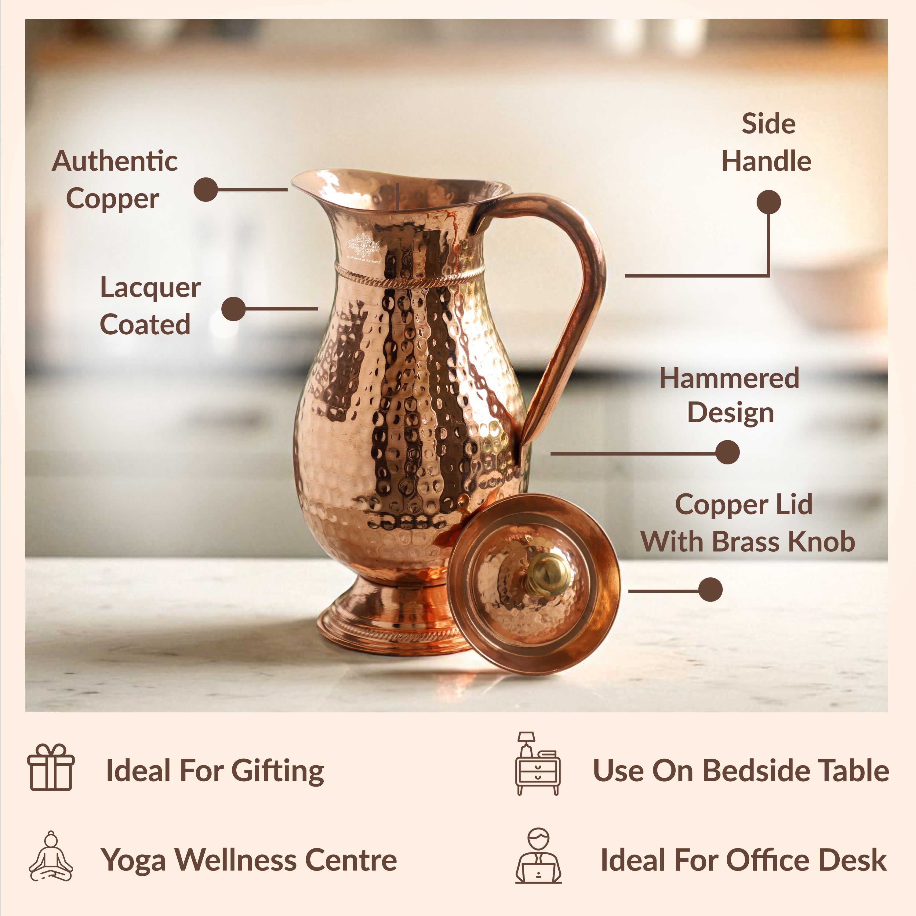 Pure copper antique hammered design mughlai jug with lid hammered, 1500 ML